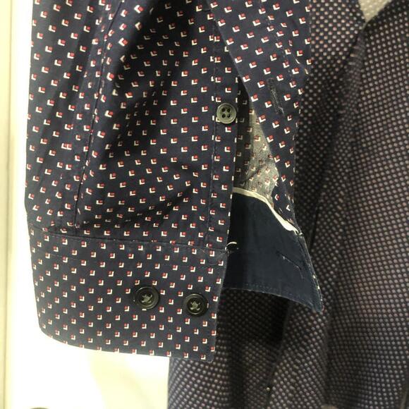 Express Mens Fitted Polka Dot Button Down Shirt Navy Blue Lrge - Picture 4 of 7